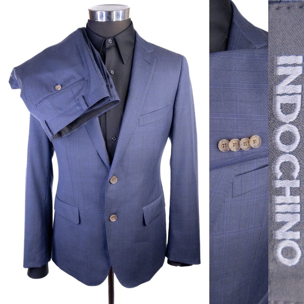 Indochino Custom Made Blue Plaid Suit 40S Tailored Fit Wool 2Pc 34x28 Modern